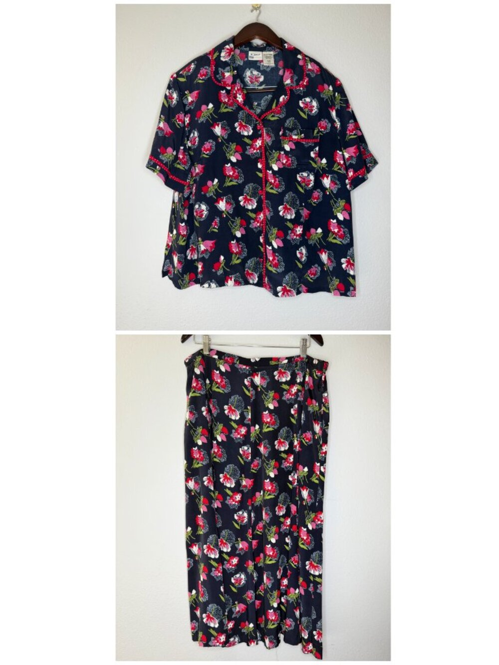 PRICE FIRM Vintage Y2K 00s Koret 2 Piece Bright Navy Floral Blouse Skirt Set 2X